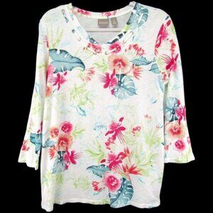 Chicos White Pink Tropical Floral Top Size M 1 Cotton Blend Laced Neckline